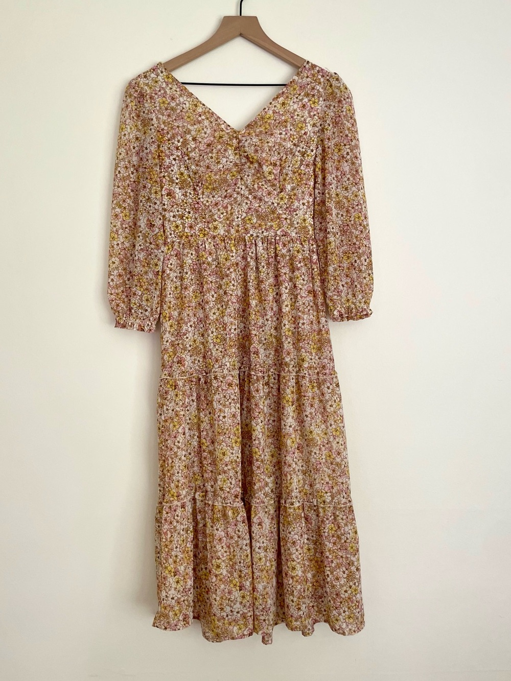 Sincerely Jules Floral V-Neck Tiered Midi Dress in Mauve Pink